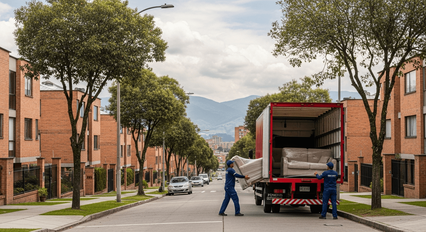 Camión de mudanzas en calle residencial de Bogotá
