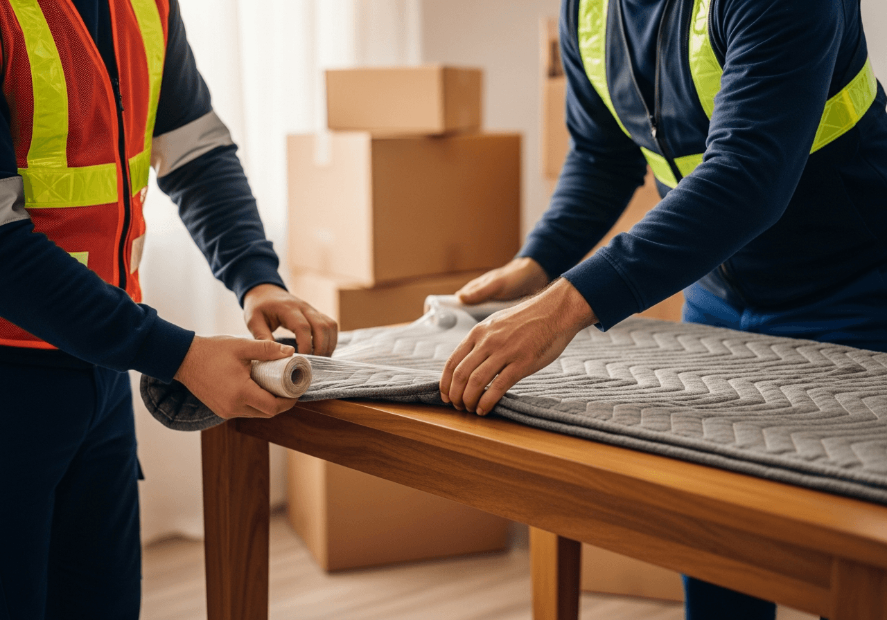 Movers wrapping furniture professionally